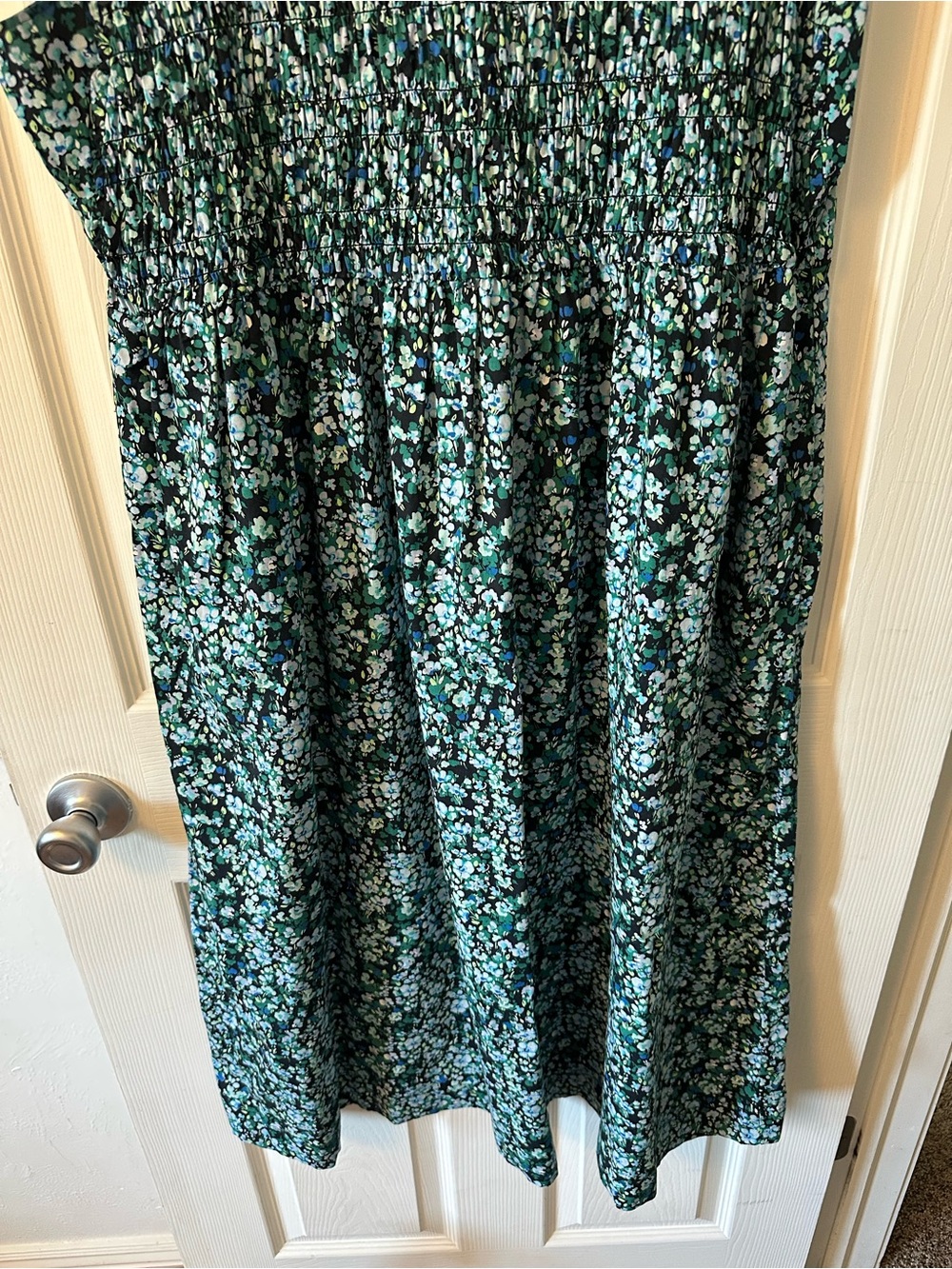 J. Crew Teal and Black Floral Smocked Midi Dress - Picture 3 of 9
